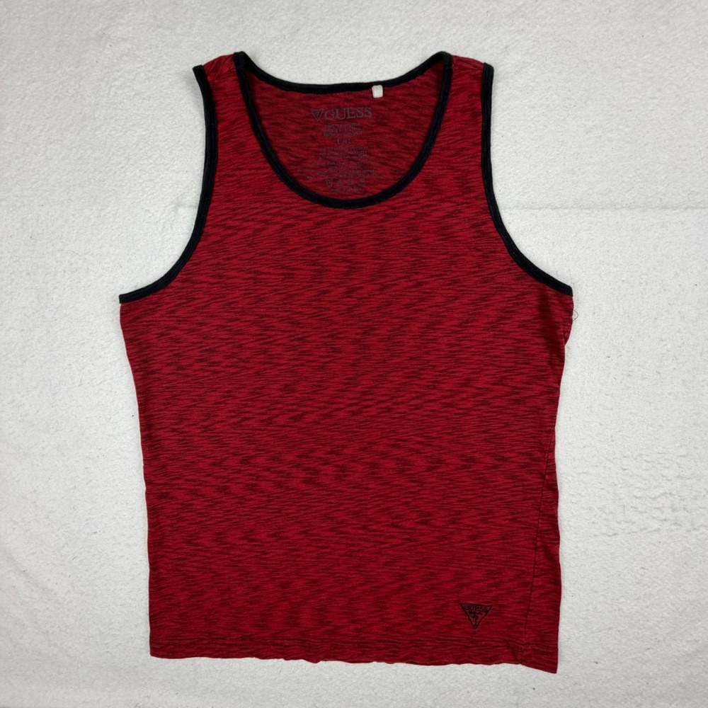 Guess Mens Tank Top Red Black Space Dye Heathered Logo Sleeveless Shirt Large